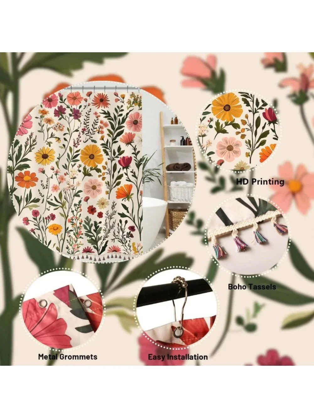 Boho Floral Shower Curtain with Tassels | 72x72
